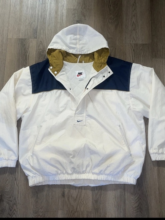 Nike Other - vintage Nike White Windbreaker Pullover with Navy Yoke and Tan Hood Lining